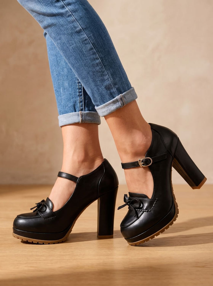 Women's Elegant Mary Jane Leather Block-Heel Flats
