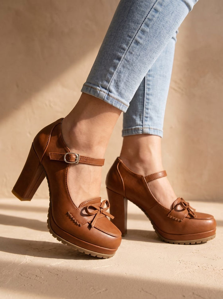 Women's Elegant Mary Jane Leather Block-Heel Flats in Brown