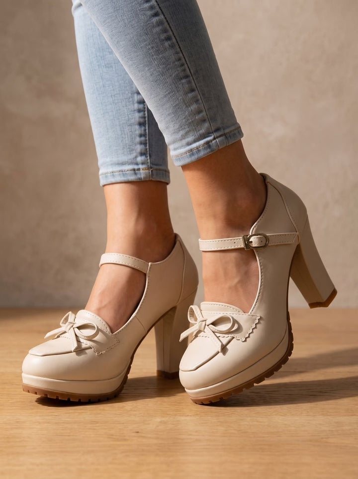 Women's Elegant Mary Jane Leather Block-Heel Flats in Cream