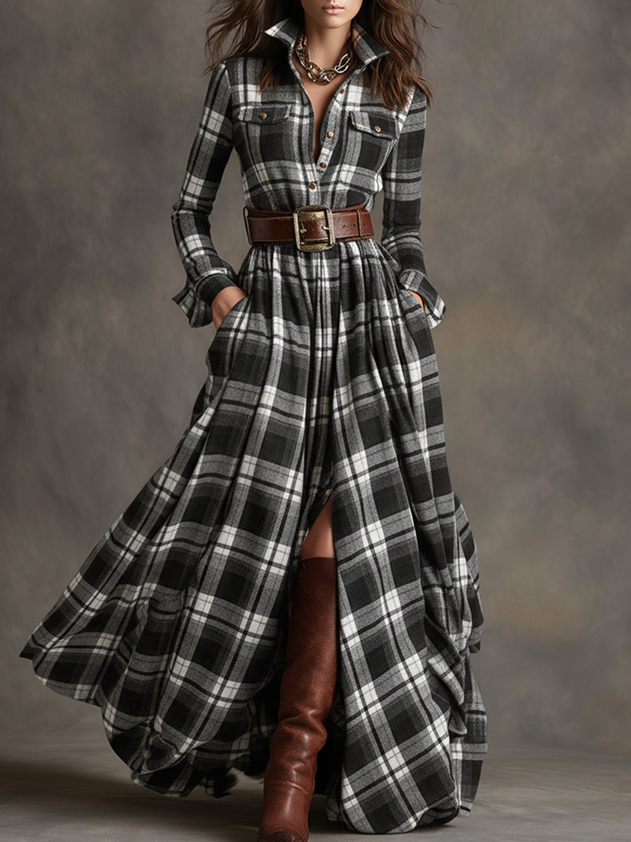Women's Elegant Party Dress in Vintage Plaid in Black