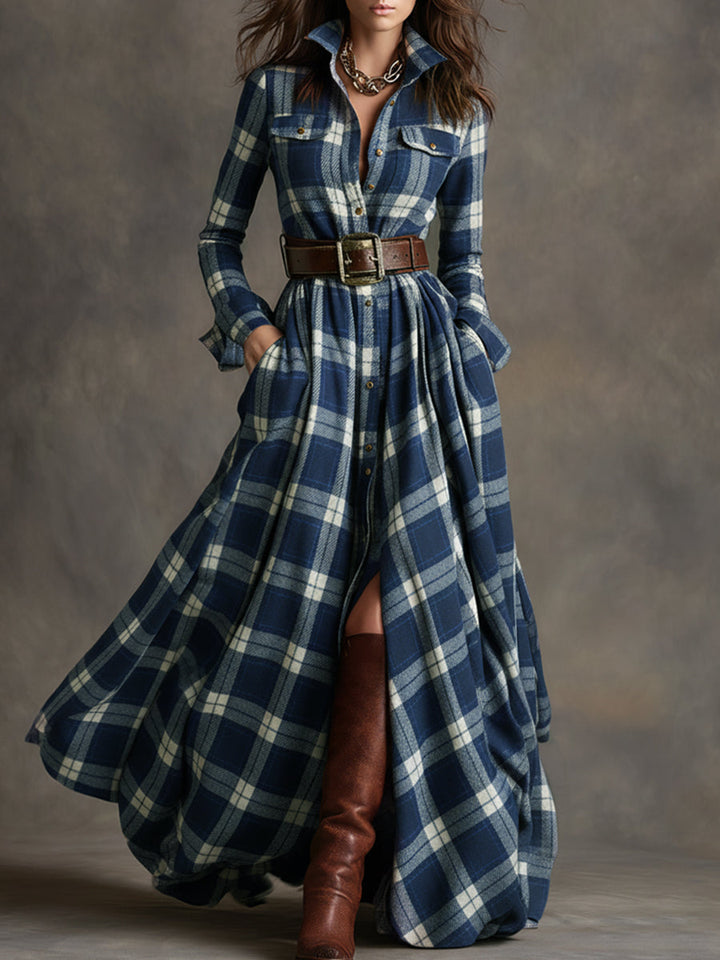 Women's Elegant Party Dress in Vintage Plaid in Blue