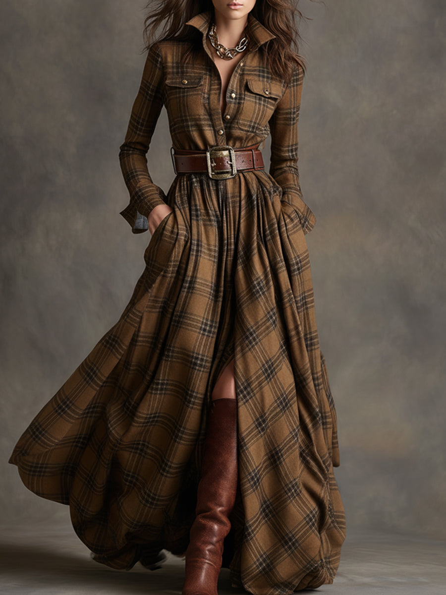 Women's Elegant Party Dress in Vintage Plaid in Brown