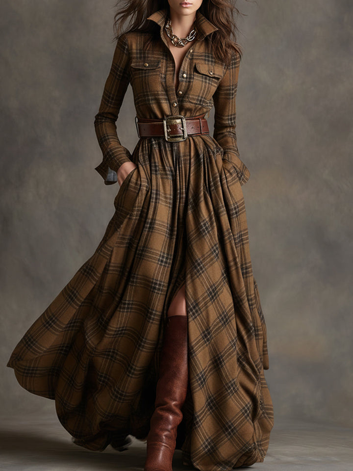 Women's Elegant Party Dress in Vintage Plaid in Brown