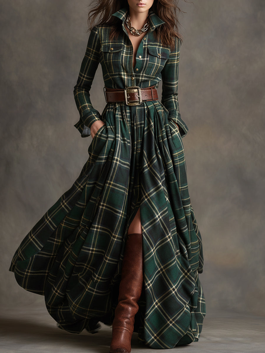 Women's Elegant Party Dress in Vintage Plaid in Green