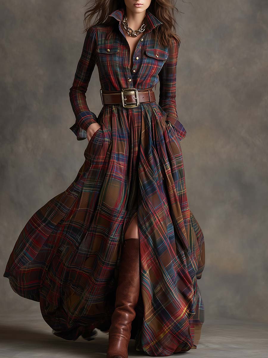 Women's Elegant Party Dress in Vintage Plaid in Rötlich Braun
