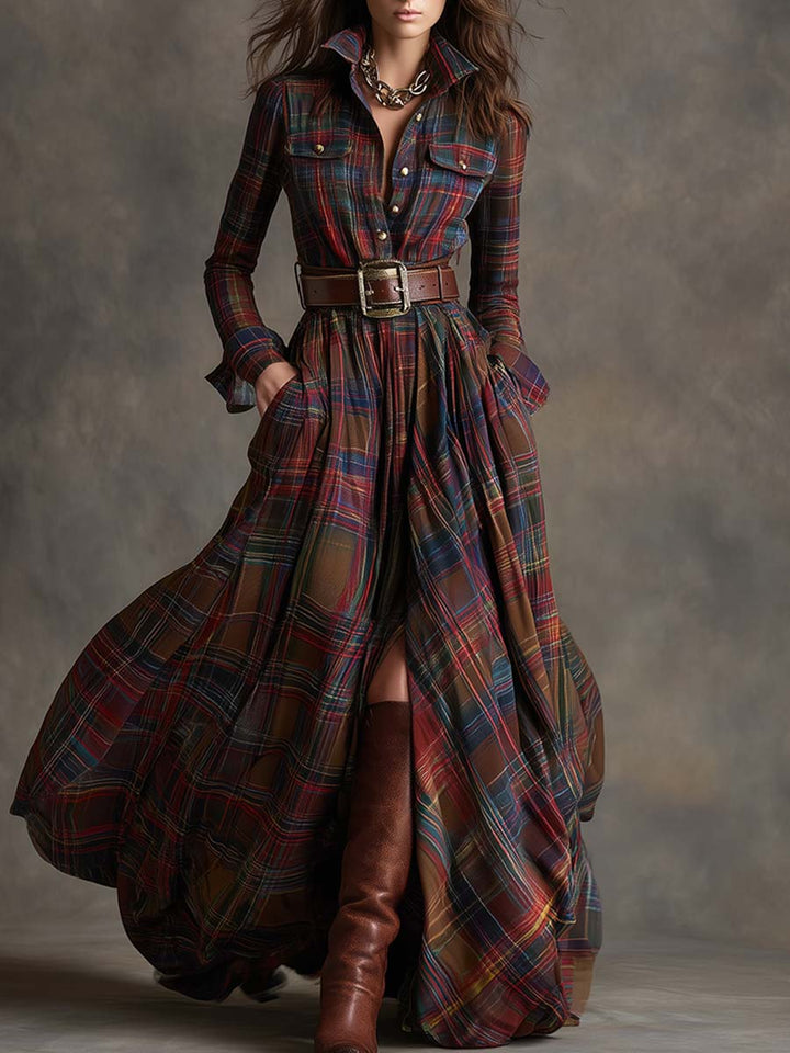 Women's Elegant Party Dress in Vintage Plaid in Rötlich Braun