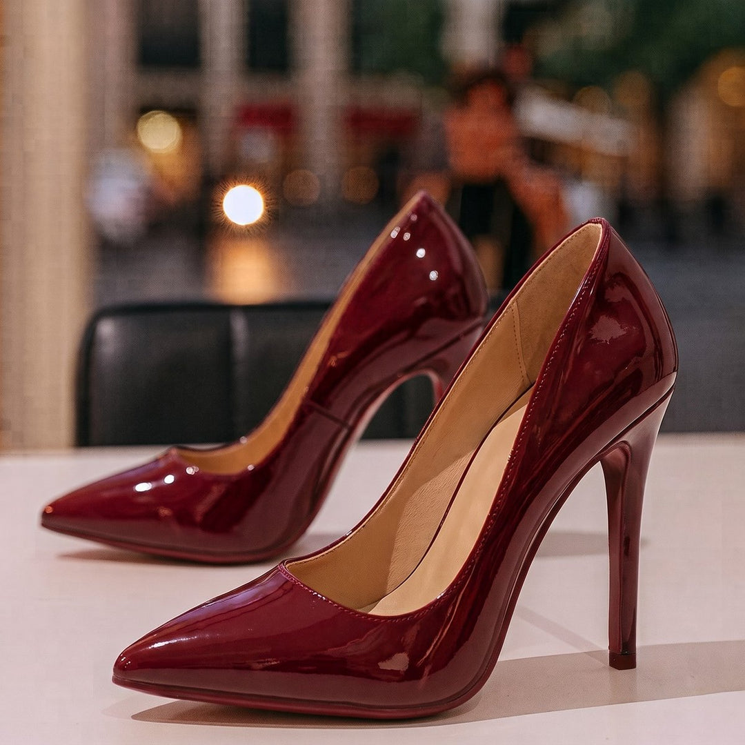 Women's Elegant Patent Leather Slip-On Pumps in Dark Red 1