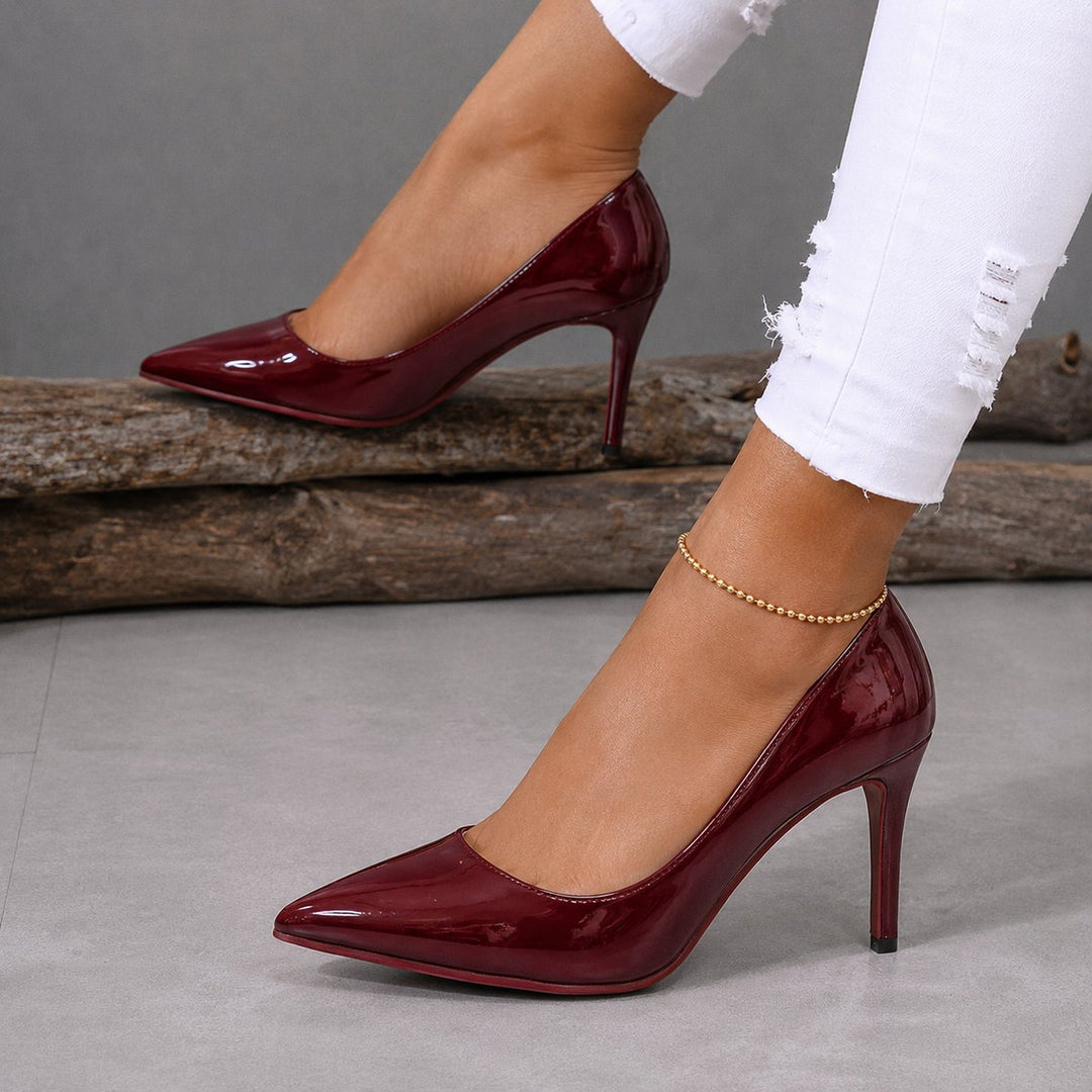 Women's Elegant Patent Leather Slip-On Pumps in Dark Red 10