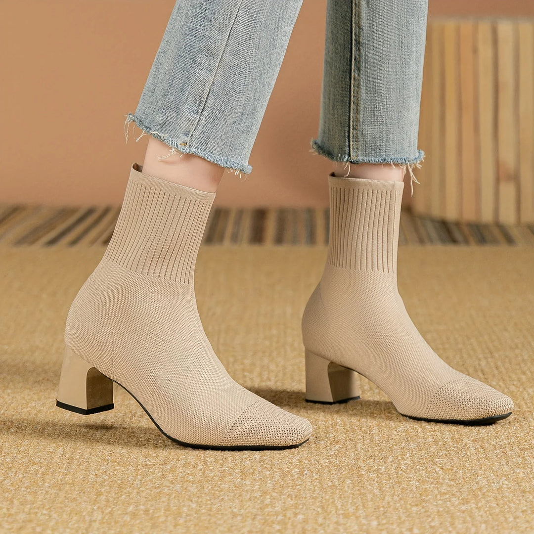 Women's Fall Boots Knit Ankle Block Heel in Beige