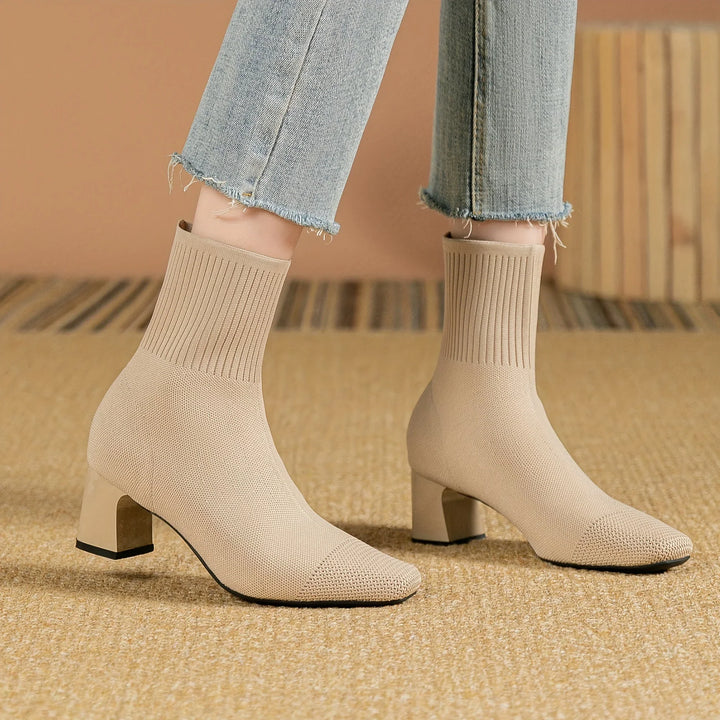Women's Fall Boots Knit Ankle Block Heel in Beige