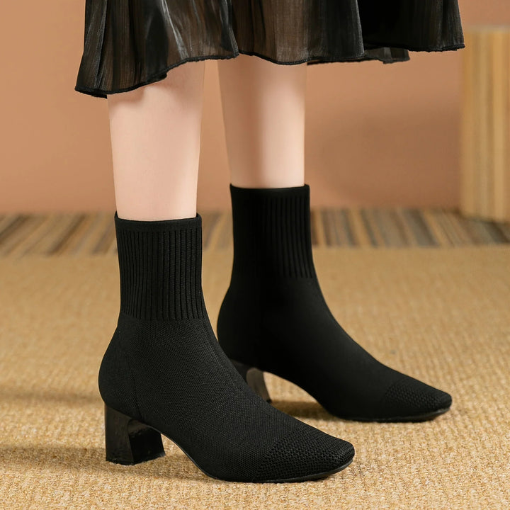 Women's Fall Boots Knit Ankle Block Heel in Black