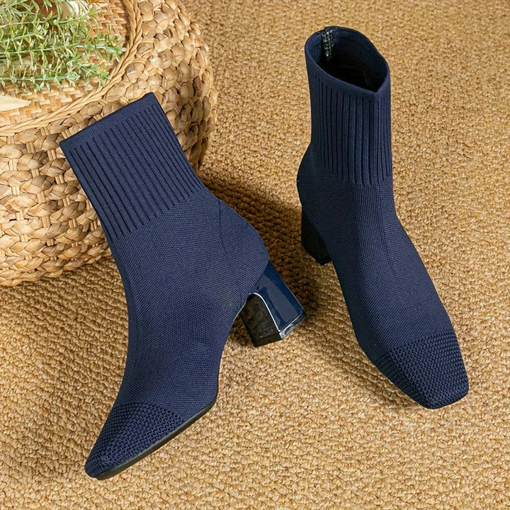 Women's Fall Boots Knit Ankle Block Heel in Blue
