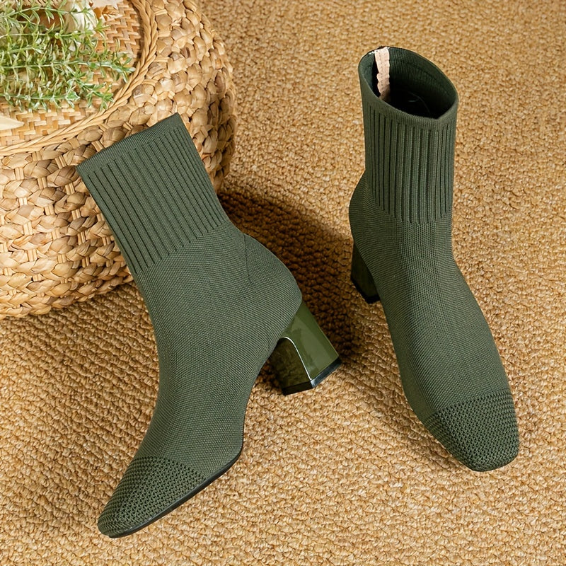 Women's Fall Boots Knit Ankle Block Heel in Green