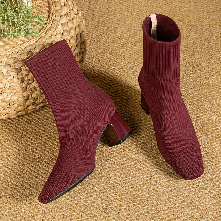 Women's Fall Boots Knit Ankle Block Heel in Red