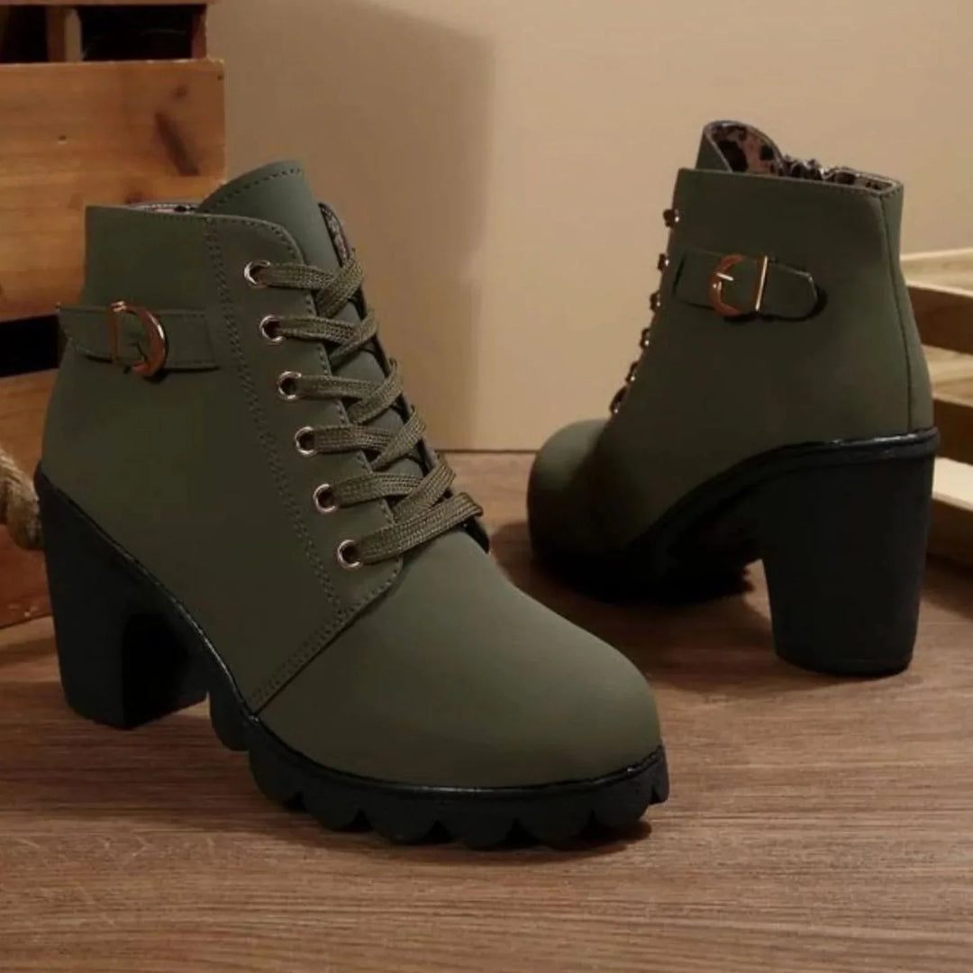 Women's Fall Boots Lace-Up with Block Heel in Armeegrün