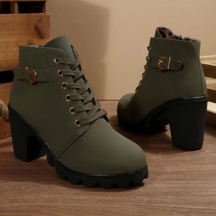 Women's Fall Boots Lace-Up with Block Heel in Armeegrün