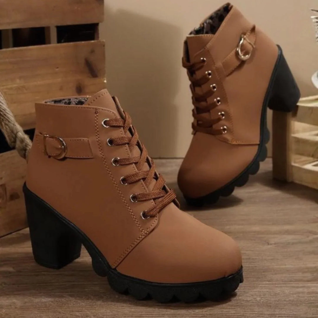 Women's Fall Boots Lace-Up with Block Heel in Brown