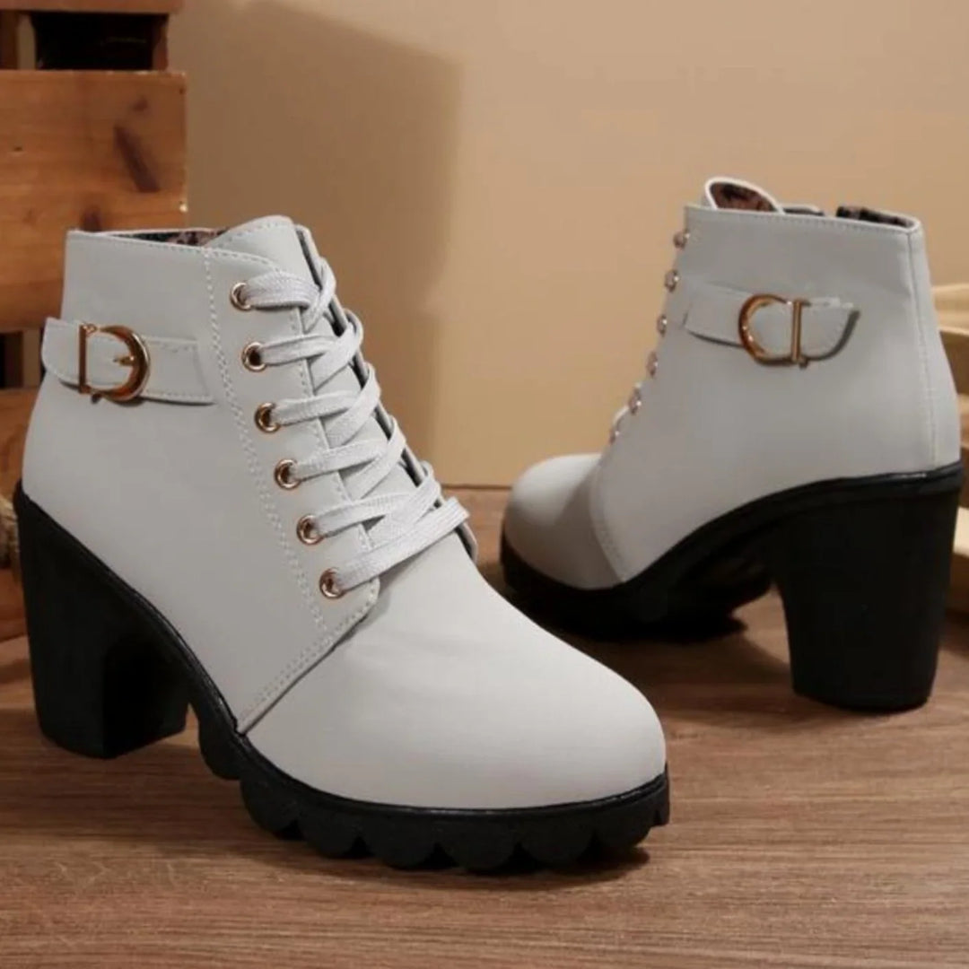 Women's Fall Boots Lace-Up with Block Heel in White