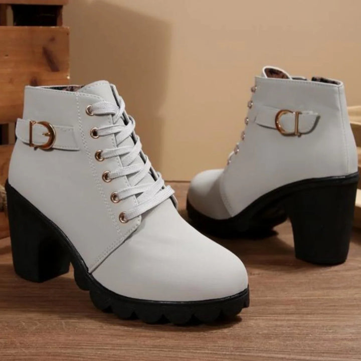 Women's Fall Boots Lace-Up with Block Heel in White