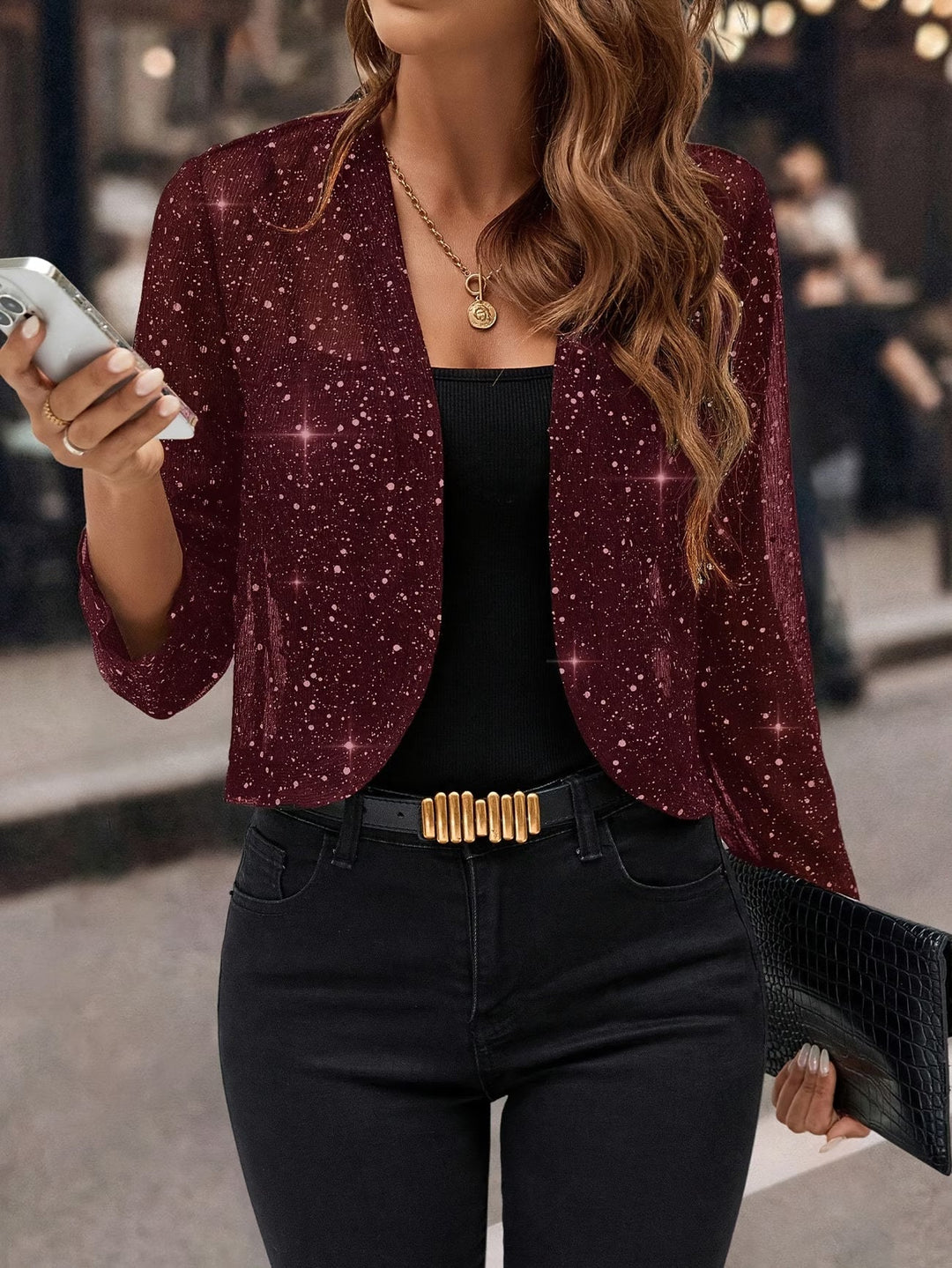 Women's Lightweight Sequined Knitwear Cardigan in Burgundy