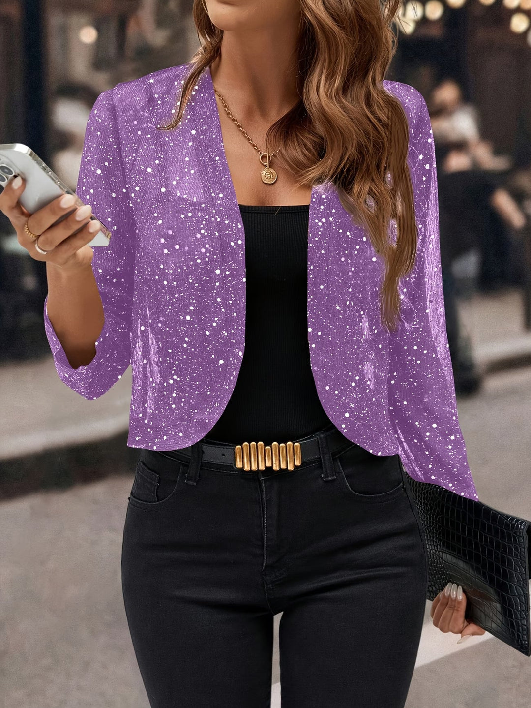 Women's Lightweight Sequined Knitwear Cardigan in Purple