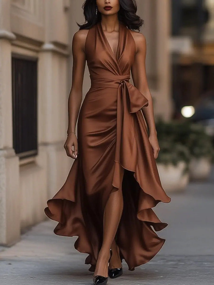 Women's Maxi Party Dress for Winter Weddings in Brown