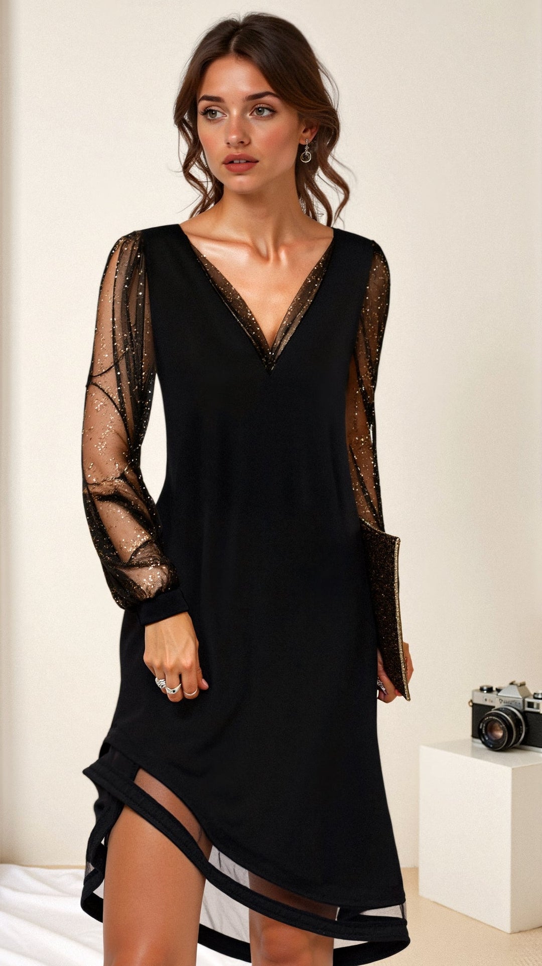 Women's Maxi Party Dress with Sequins in Black