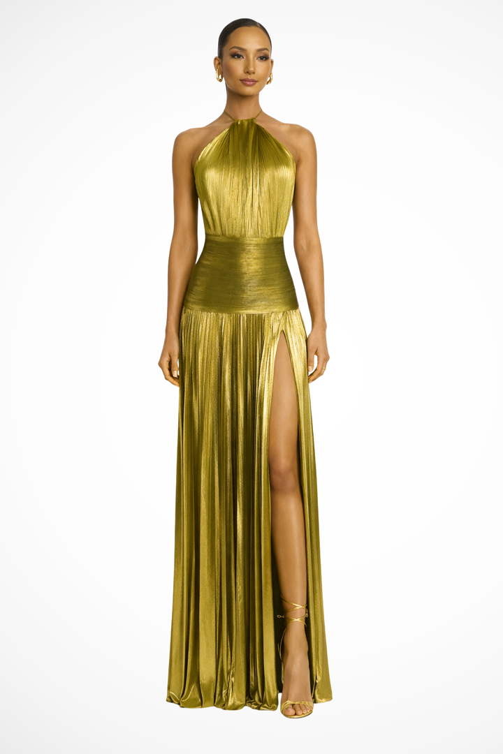 Women's Satin Maxi Dress for Wedding Guests in Goldfarben