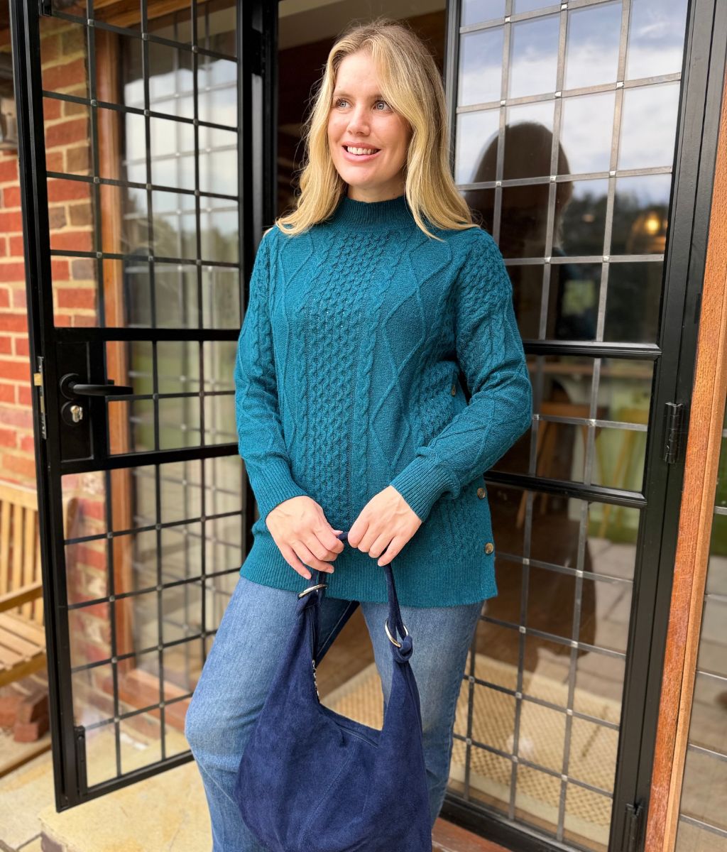 Women's Sweater Cable Knit Longline High Neck in Teal 1