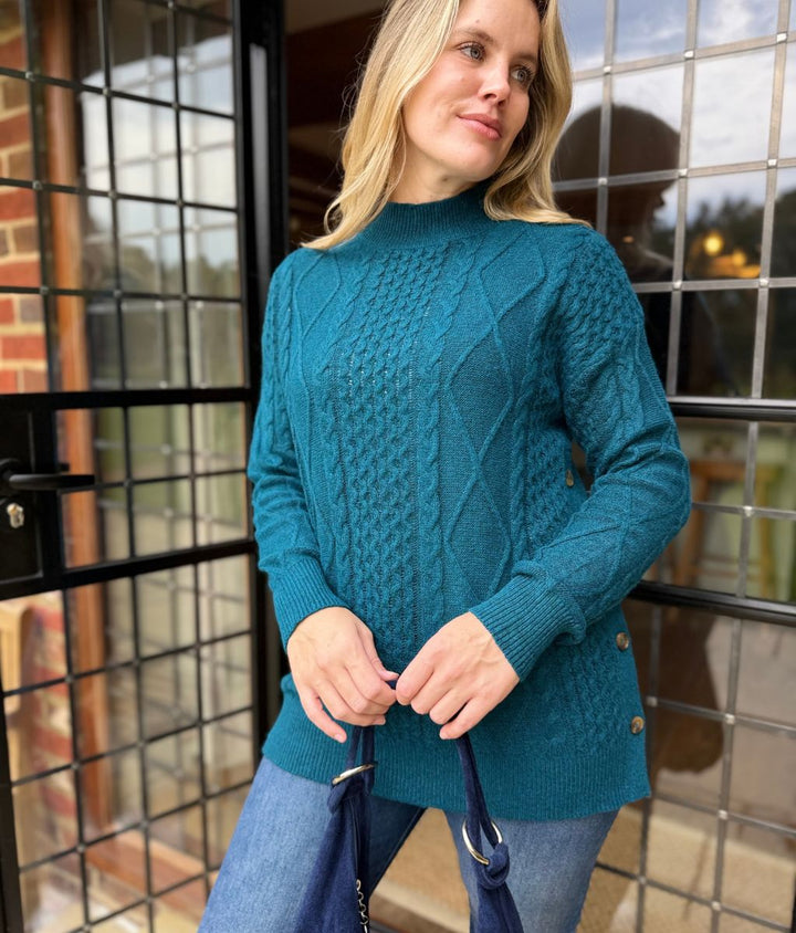Women's Sweater Cable Knit Longline High Neck in Teal 2
