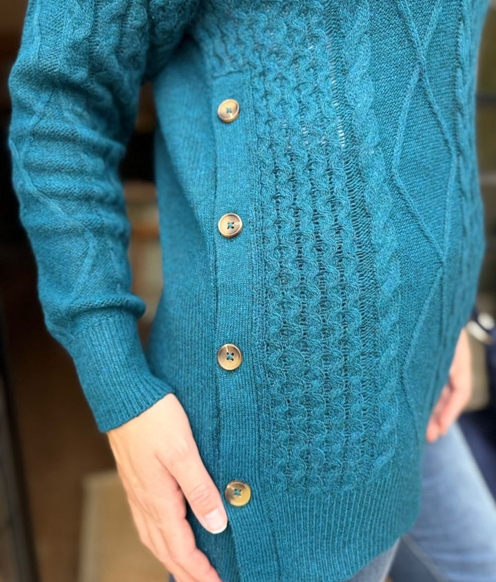 Women's Sweater Cable Knit Longline High Neck in Teal 3