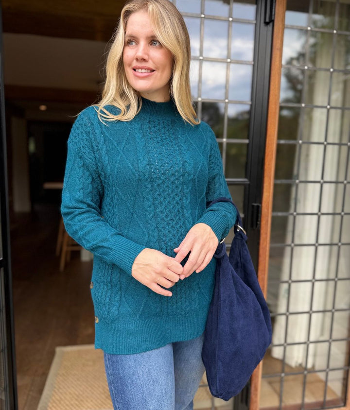 Women's Sweater Cable Knit Longline High Neck in Teal 4