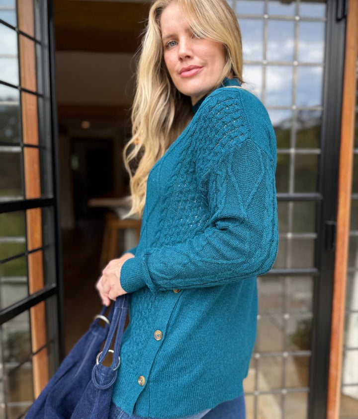Women's Sweater Cable Knit Longline High Neck in Teal 5