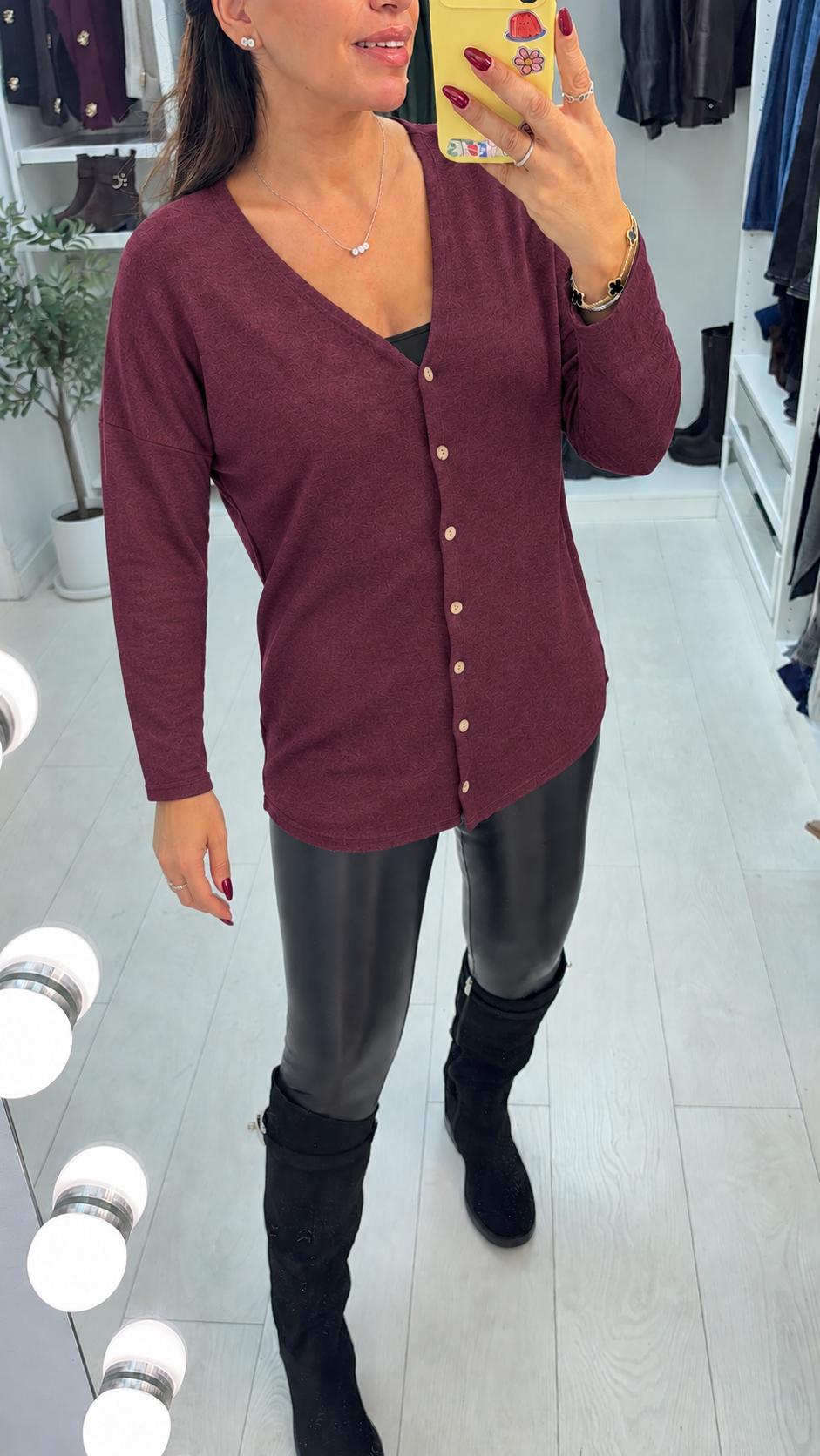 Women's Sweater in Soft Viscose with Button Front in Wine