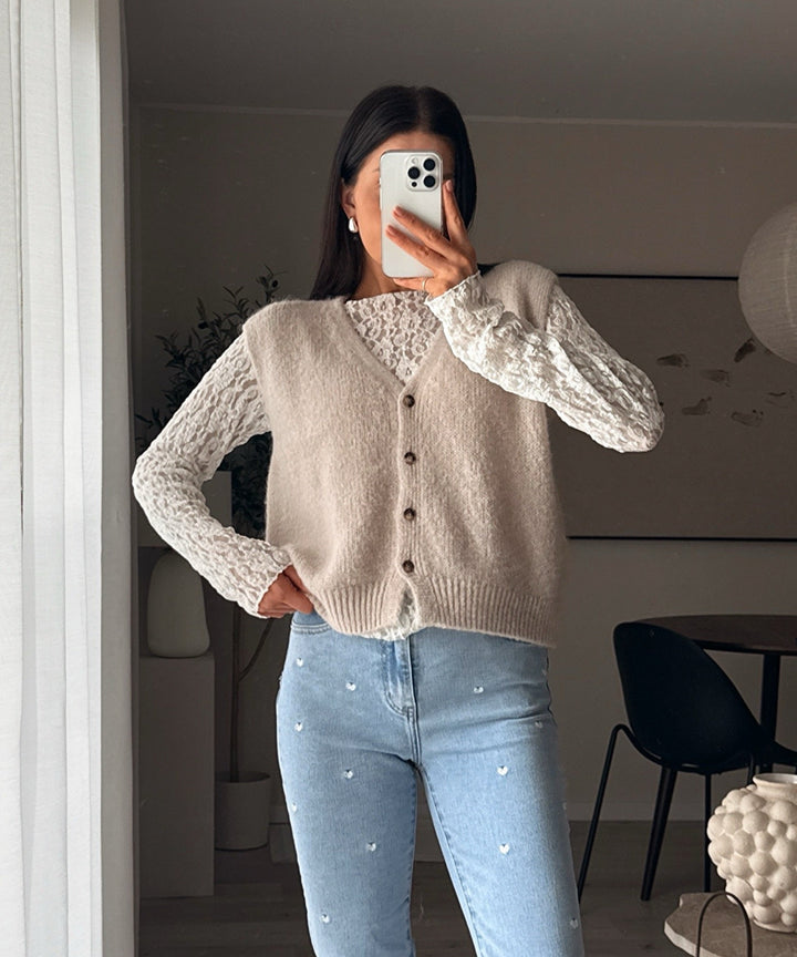Women's Sweater Short Knit Button-Up for Everyday in Beige 1
