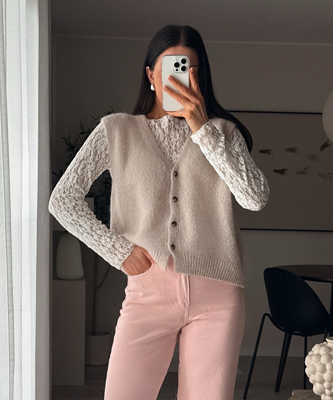 Women's Sweater Short Knit Button-Up for Everyday in Beige 2