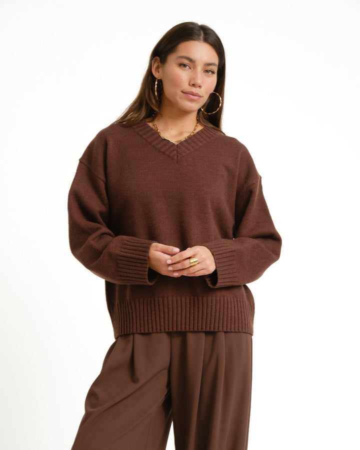 Women's Sweater V-Neck in Brown for Autumn in Brown 1