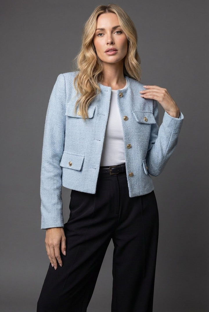 Women's Tailored Tweed Jacket for Office Elegance in Light Blue