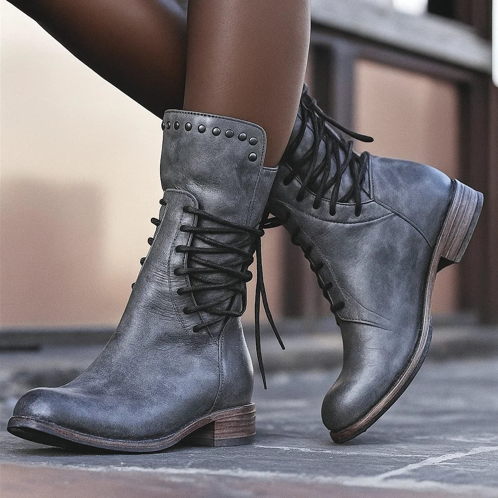 Women's Vintage Leather Boots for Fall in Grey
