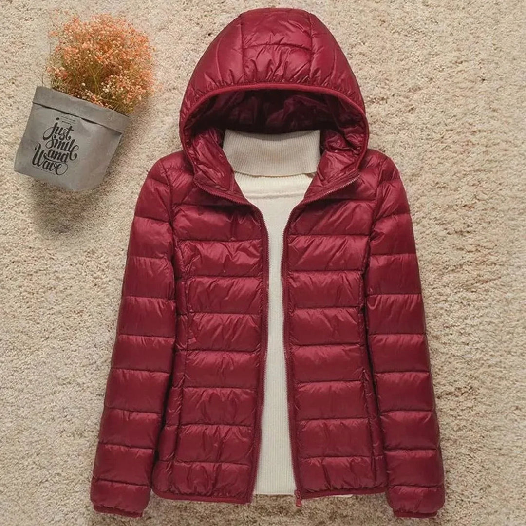 Women's Winter Coat with Lightweight Down Puffer in Burgundy