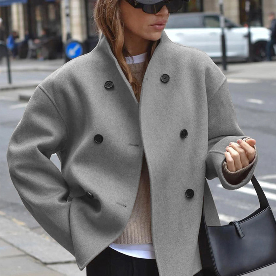Women's Sophisticated Double-Breasted Cropped Coat with Funnel Neck