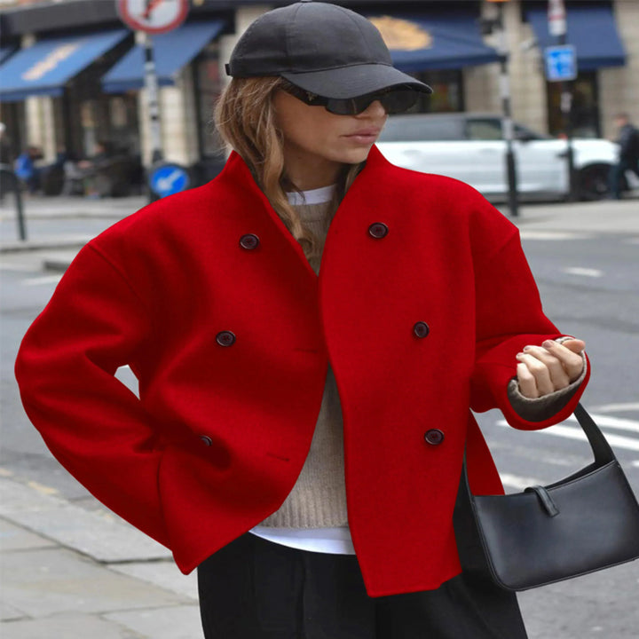Women's Sophisticated Double-Breasted Cropped Coat with Funnel Neck