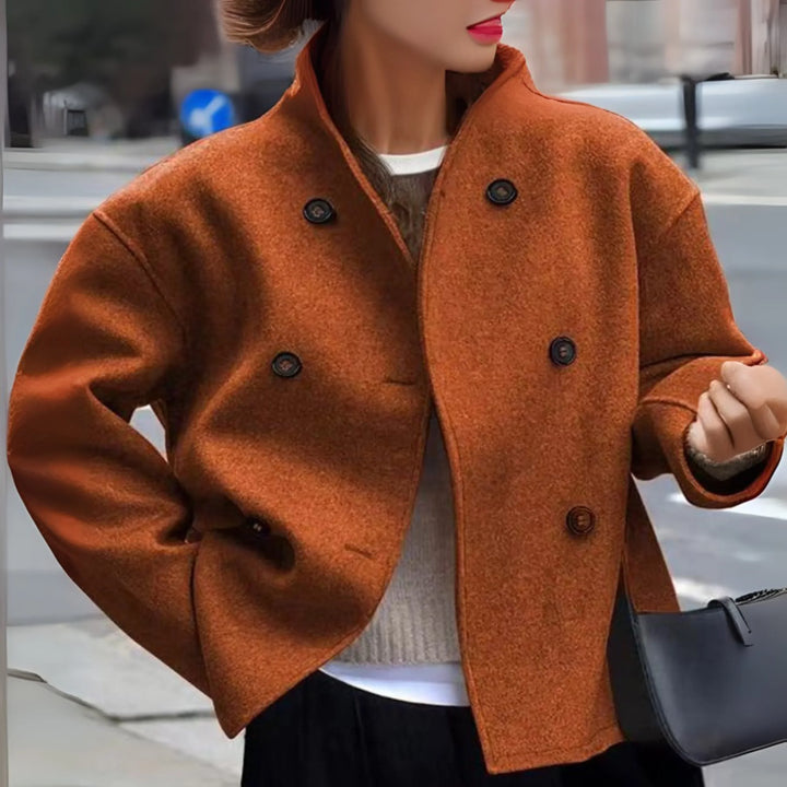 Women's Sophisticated Double-Breasted Cropped Coat with Funnel Neck