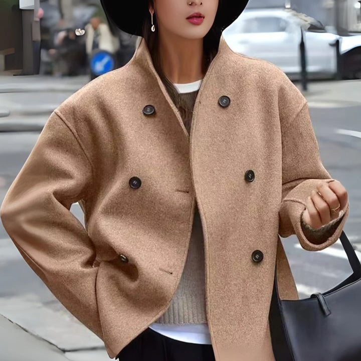 Women's Sophisticated Double-Breasted Cropped Coat with Funnel Neck