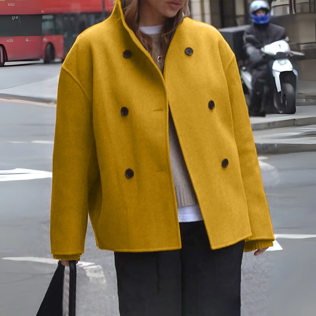 Women's Sophisticated Double-Breasted Cropped Coat with Funnel Neck