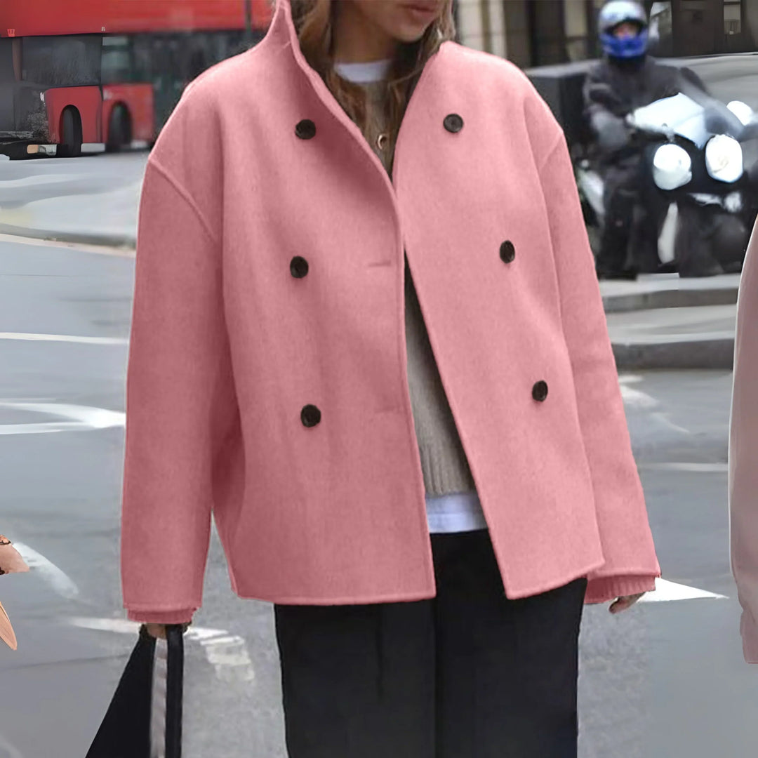 Women's Sophisticated Double-Breasted Cropped Coat with Funnel Neck