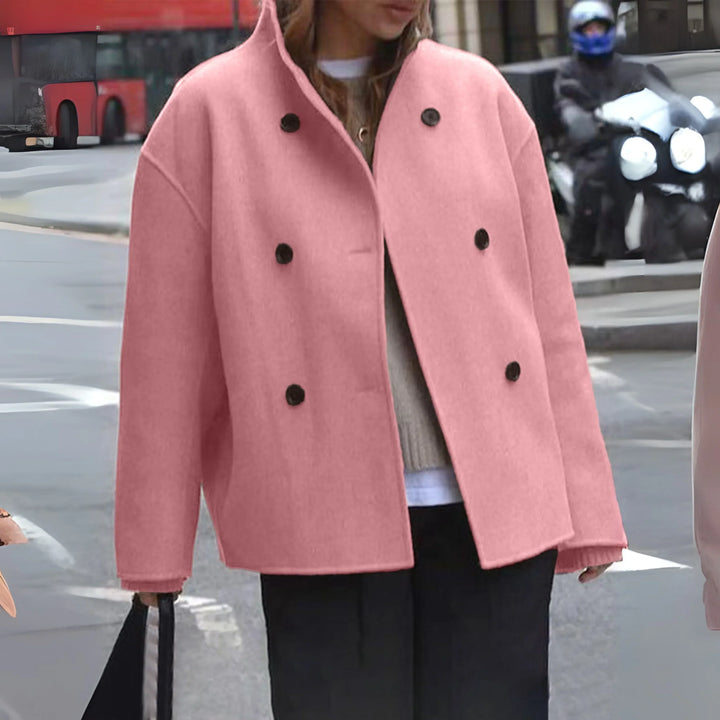 Women's Sophisticated Double-Breasted Cropped Coat with Funnel Neck