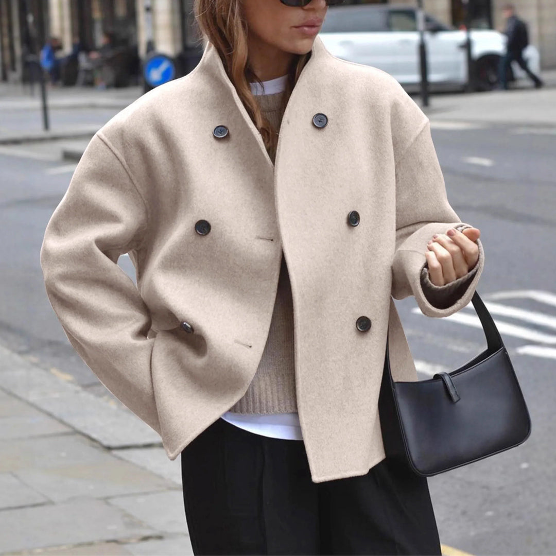 Women's Sophisticated Double-Breasted Cropped Coat with Funnel Neck