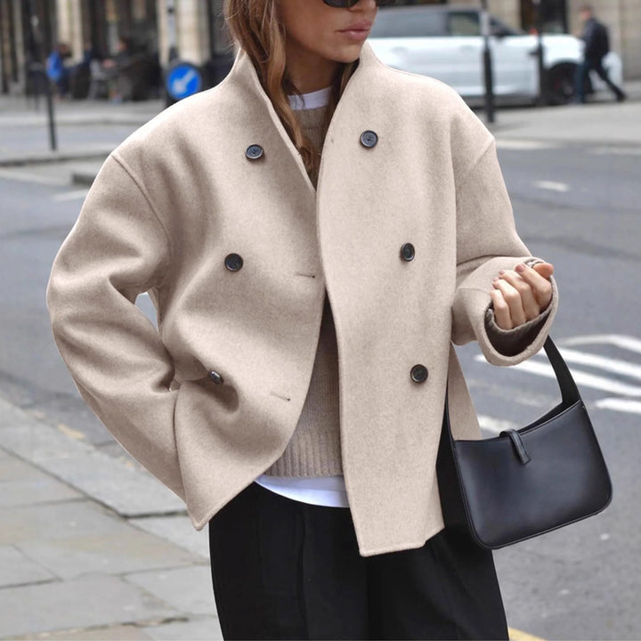 Women's Sophisticated Double-Breasted Cropped Coat with Funnel Neck